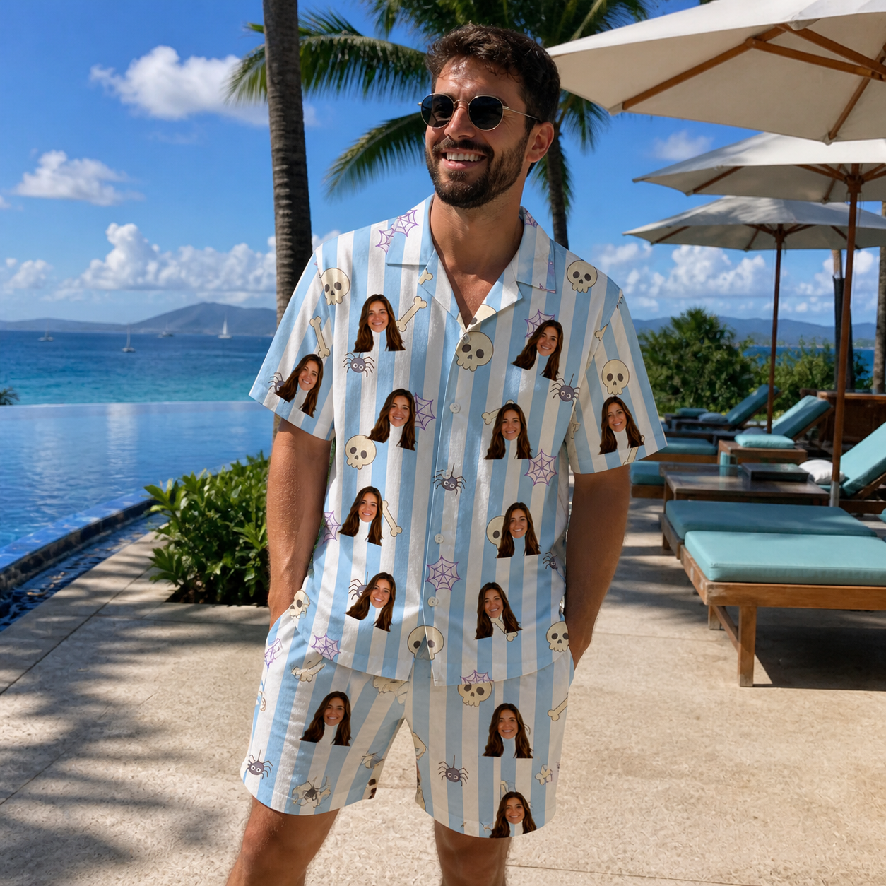 Real-life photo of someone wearing Men's Graveyard Giggles Custom Face Shirt & Shorts Set — custom faces printed all-over