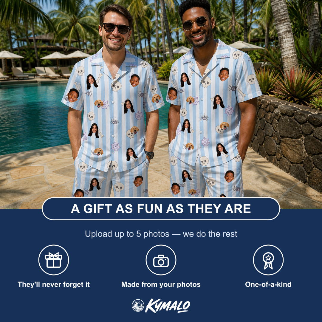 Friends in matching Men's Graveyard Giggles Custom Face Shirt & Shorts Set — a group gift photo