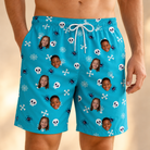 Model wearing Men's Cranium Capers Custom Face Beach Shorts printed with kids' faces