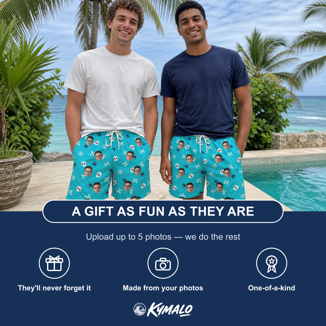 Friends in matching Men's Cranium Capers Custom Face Beach Shorts — a group gift photo