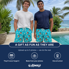 Friends in matching Men's Cranium Capers Custom Face Beach Shorts — a group gift photo