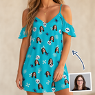 Woman wearing Women's Cranium Capers Custom Face Off-Shoulder Dress — custom faces printed all-over