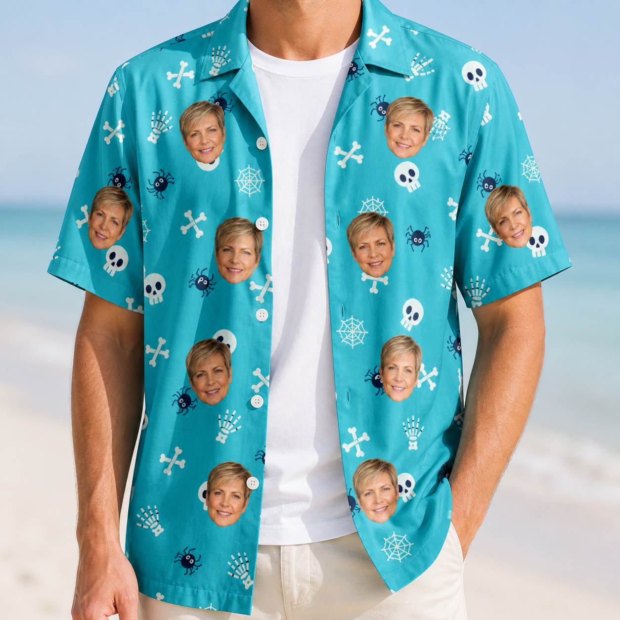 Man wearing Men's Cranium Capers Custom Face Hawaiian Shirt open over a white tee
