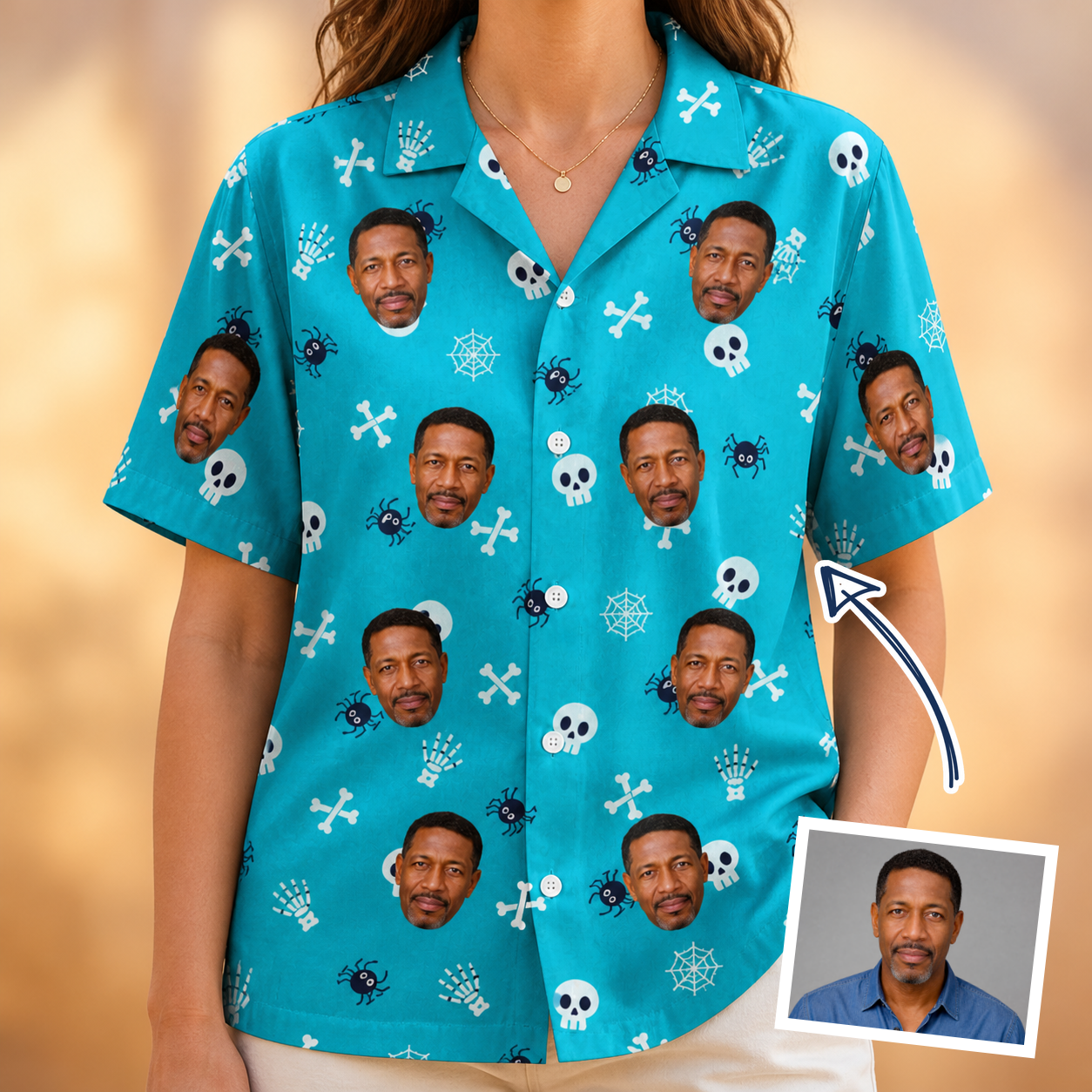Woman wearing Women's Cranium Capers Custom Face Hawaiian Shirt — custom faces printed all-over