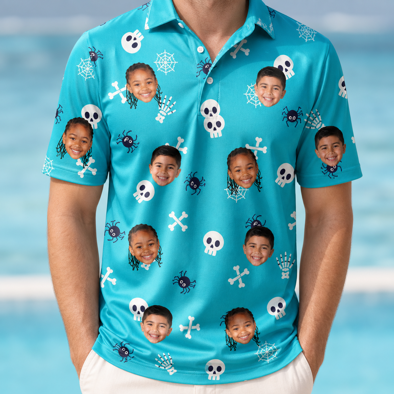 Model wearing Men's Cranium Capers Custom Face Polo Shirt printed with kids' faces