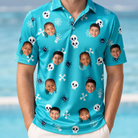 Model wearing Men's Cranium Capers Custom Face Polo Shirt printed with kids' faces