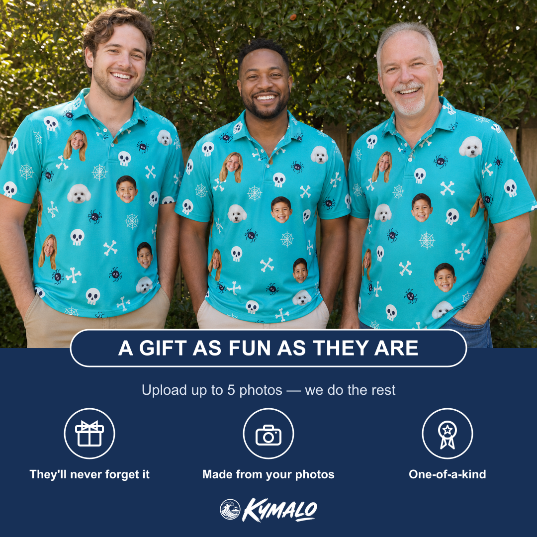 Friends in matching Men's Cranium Capers Custom Face Polo Shirt — a group gift photo