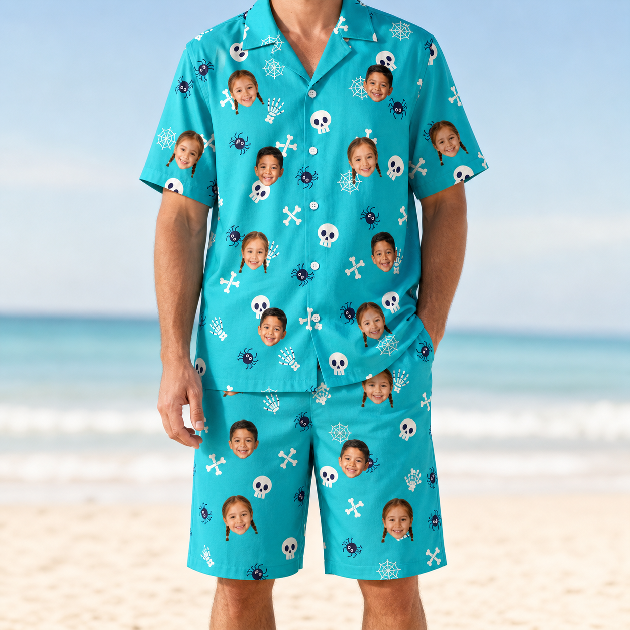 Model wearing Men's Cranium Capers Custom Face Shirt & Shorts Set printed with kids' faces
