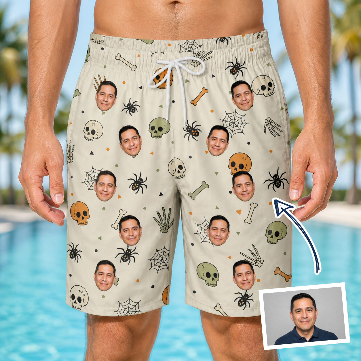 Man wearing Men's Bony Boogie Custom Face Beach Shorts — custom faces printed all-over