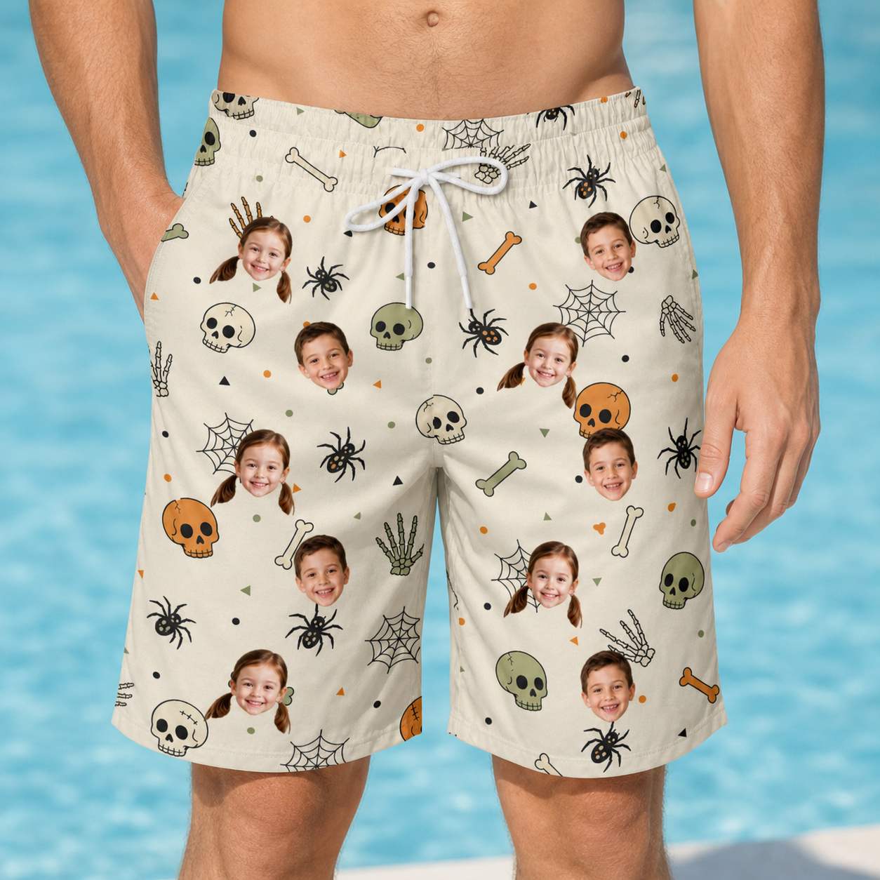 Model wearing Men's Bony Boogie Custom Face Beach Shorts printed with kids' faces