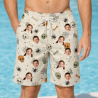 Model wearing Men's Bony Boogie Custom Face Beach Shorts printed with kids' faces