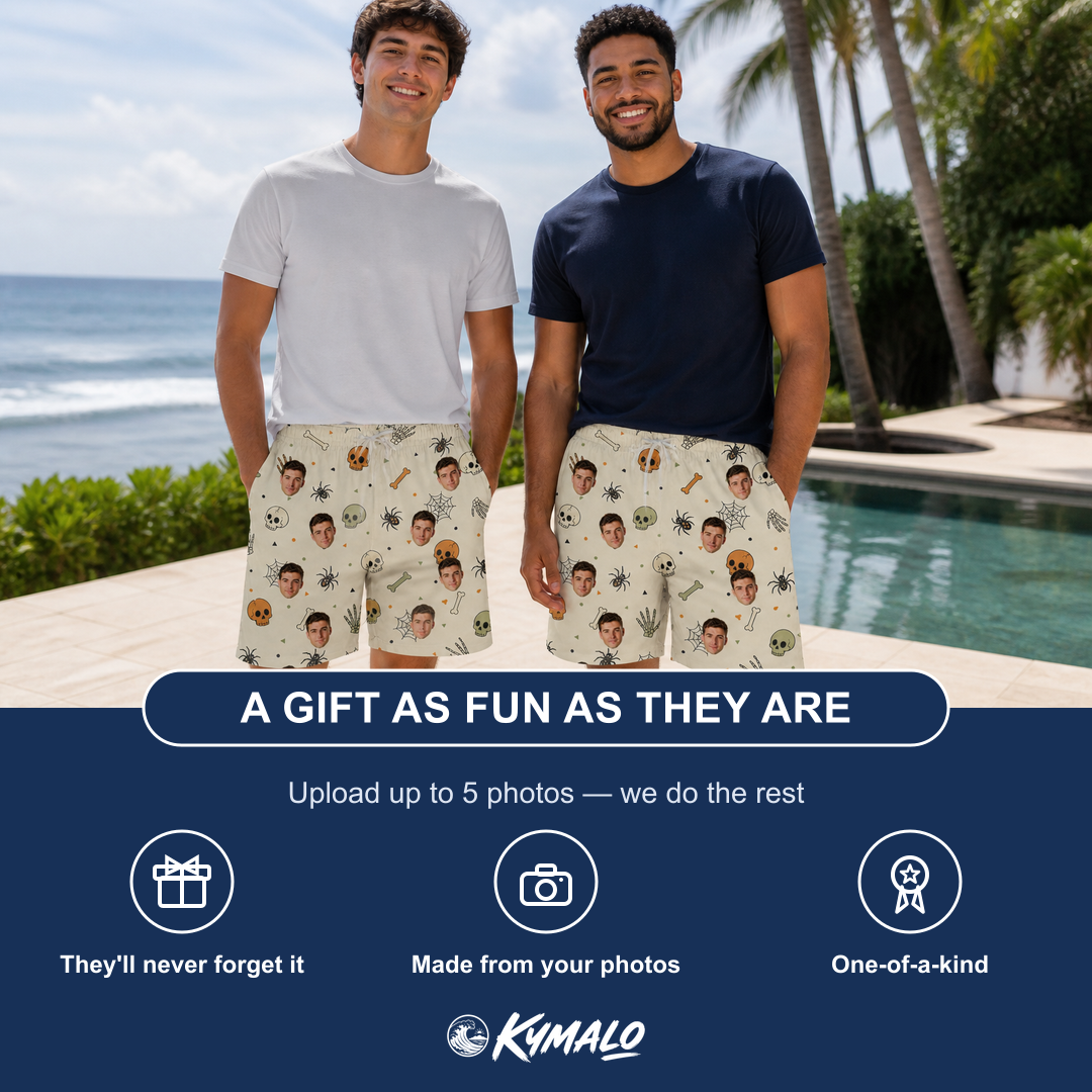 Friends in matching Men's Bony Boogie Custom Face Beach Shorts — a group gift photo