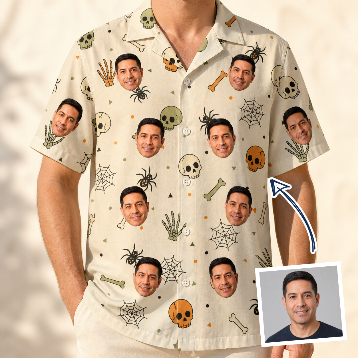 Man wearing Men's Bony Boogie Custom Face Hawaiian Shirt — custom faces printed all-over