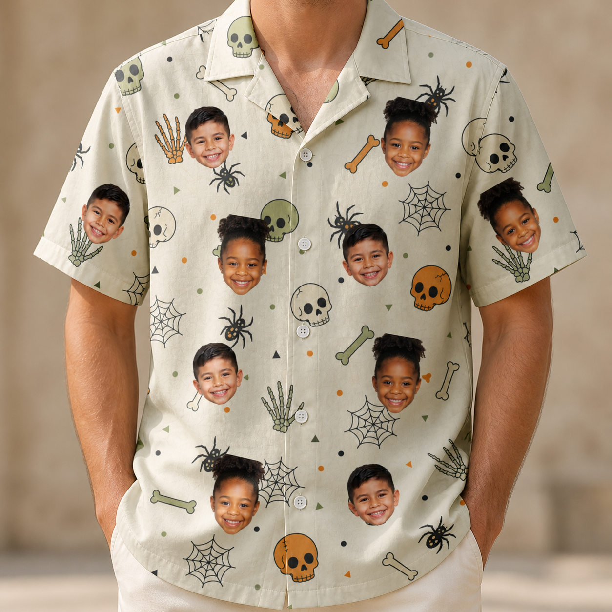 Model wearing Men's Bony Boogie Custom Face Hawaiian Shirt printed with kids' faces
