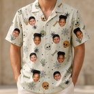 Model wearing Men's Bony Boogie Custom Face Hawaiian Shirt printed with kids' faces