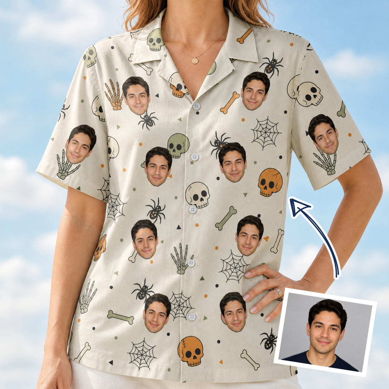 Woman wearing Women's Bony Boogie Custom Face Hawaiian Shirt — custom faces printed all-over