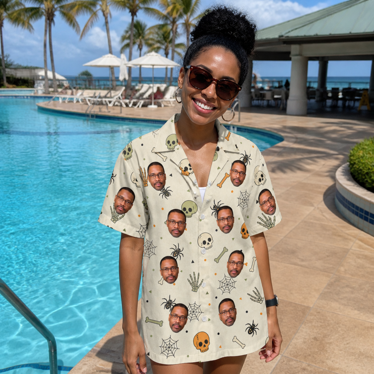 Real-life photo of someone wearing Women's Bony Boogie Custom Face Hawaiian Shirt — custom faces printed all-over