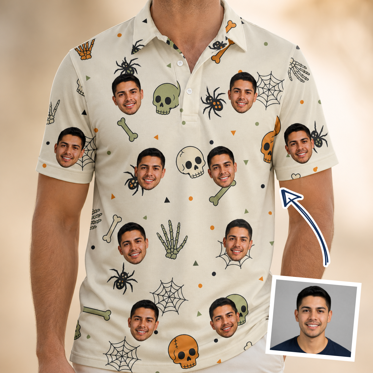 Man wearing Men's Bony Boogie Custom Face Polo Shirt — custom faces printed all-over
