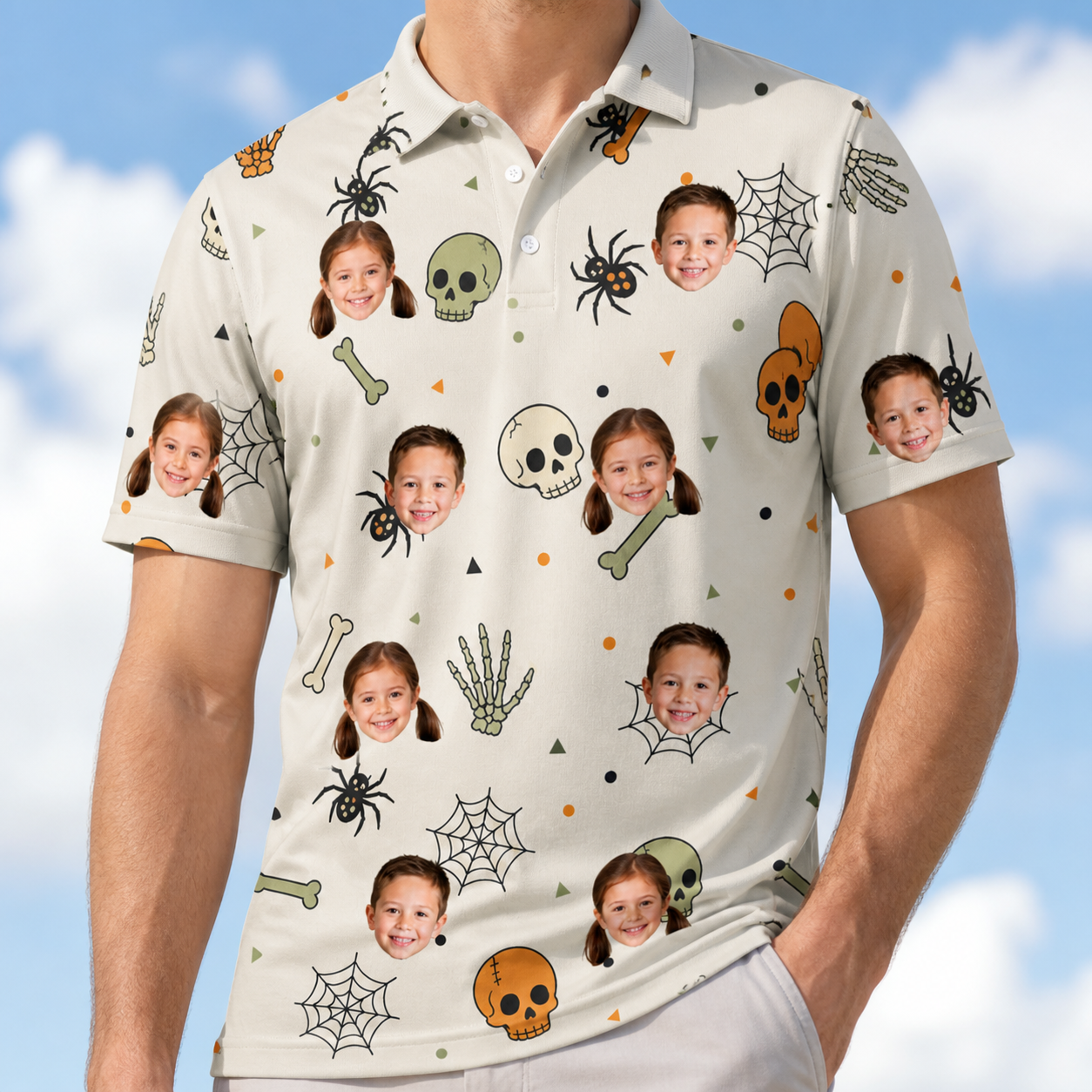 Model wearing Men's Bony Boogie Custom Face Polo Shirt printed with kids' faces