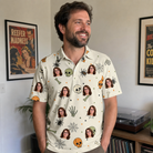Real-life photo of someone wearing Men's Bony Boogie Custom Face Polo Shirt — custom faces printed all-over