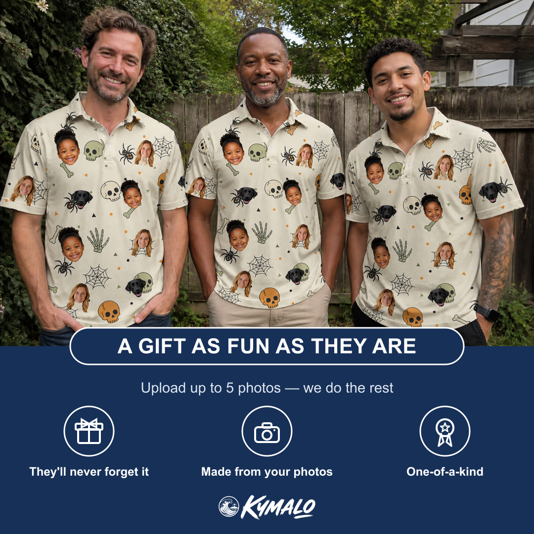 Friends in matching Men's Bony Boogie Custom Face Polo Shirt — a group gift photo