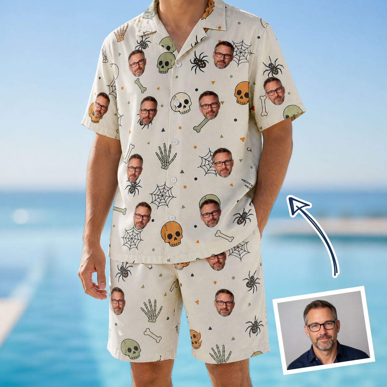 Man wearing Men's Bony Boogie Custom Face Shirt & Shorts Set — custom faces printed all-over