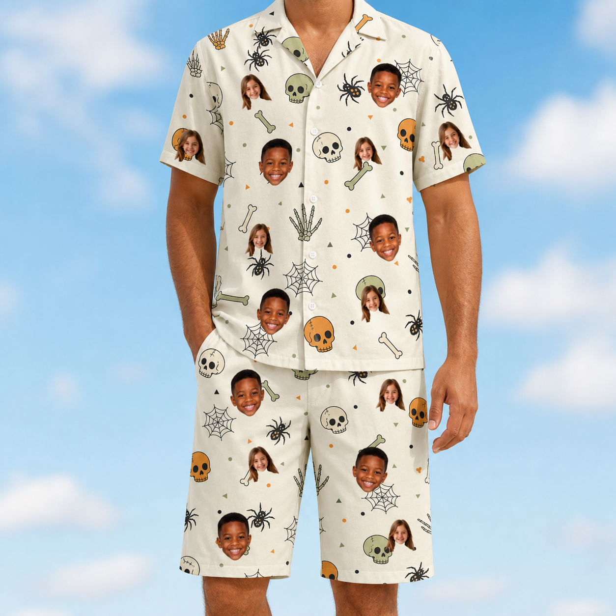 Model wearing Men's Bony Boogie Custom Face Shirt & Shorts Set printed with kids' faces
