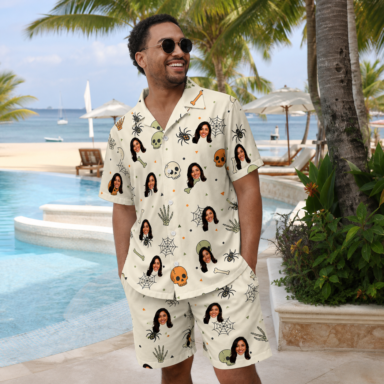 Real-life photo of someone wearing Men's Bony Boogie Custom Face Shirt & Shorts Set — custom faces printed all-over