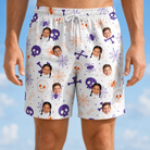 Model wearing Men's Skull Shuffle Custom Face Beach Shorts printed with kids' faces