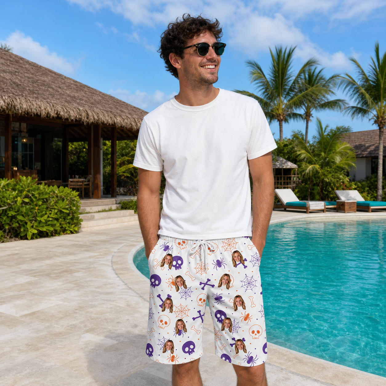 Real-life photo of someone wearing Men's Skull Shuffle Custom Face Beach Shorts — custom faces printed all-over