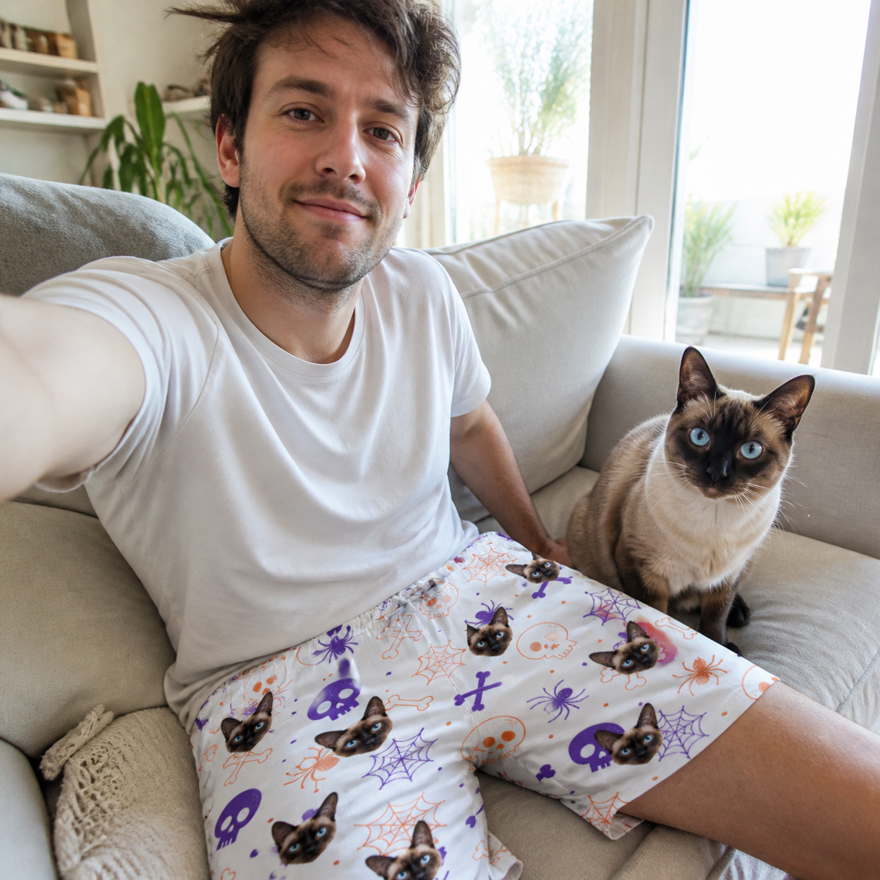 Selfie with the pet whose face is printed all over this Men's Skull Shuffle Custom Cat Face Beach Shorts