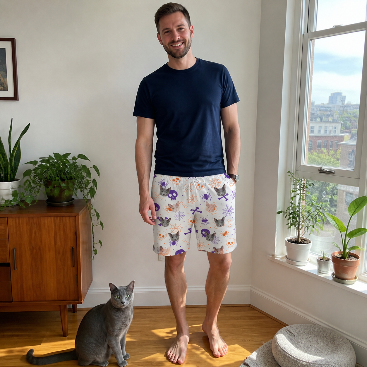 Full-length photo with the pet printed all over this Men's Skull Shuffle Custom Cat Face Beach Shorts
