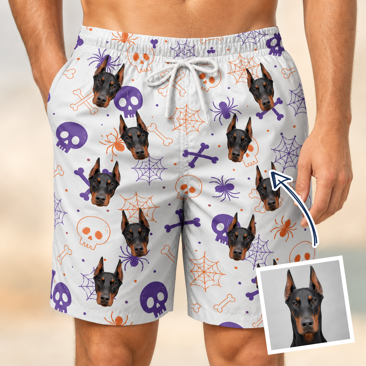 Man wearing Men's Skull Shuffle Custom Dog Face Beach Shorts — custom faces printed all-over