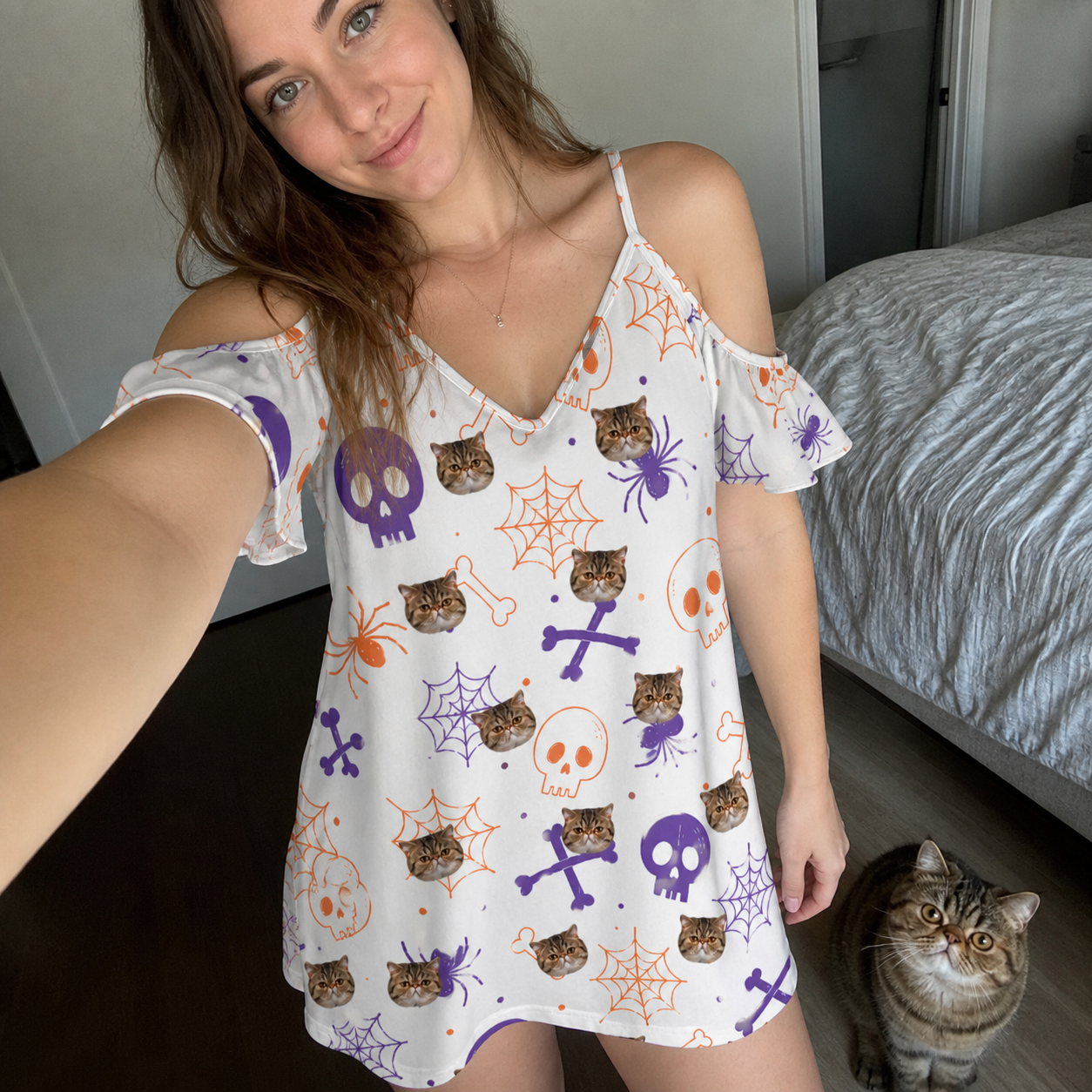 Selfie with the pet whose face is printed all over this Women's Skull Shuffle Custom Cat Face Off-Shoulder Dress