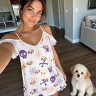 Selfie with the pet whose face is printed all over this Women's Skull Shuffle Custom Dog Face Off-Shoulder Dress