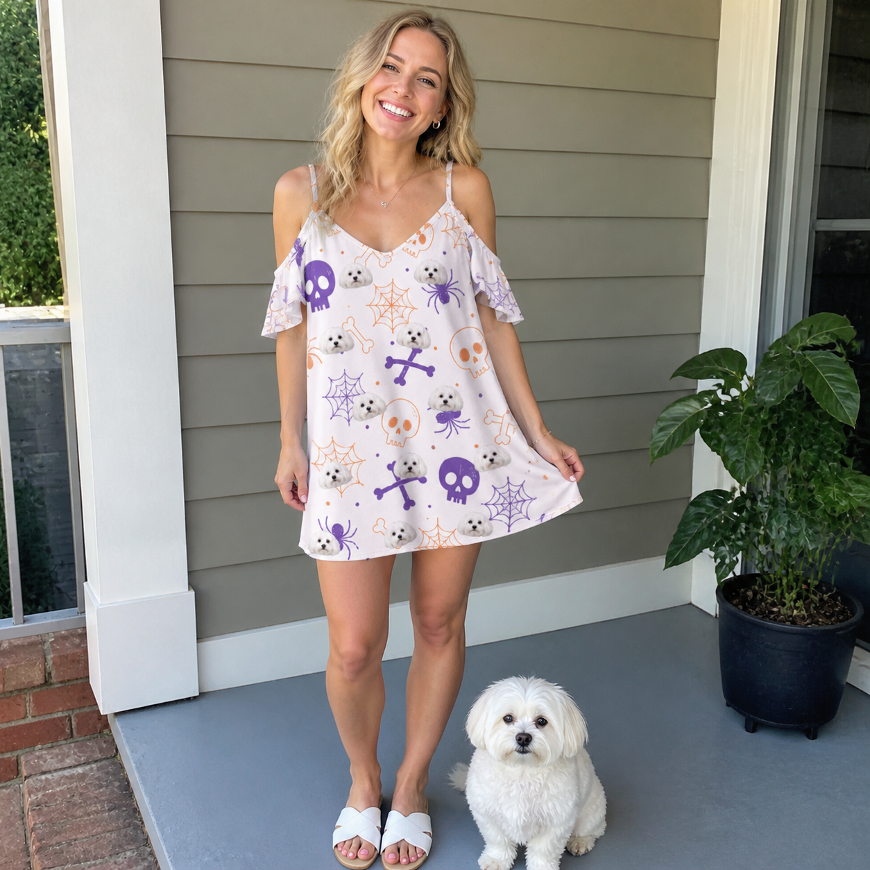 Full-length photo with the pet printed all over this Women's Skull Shuffle Custom Dog Face Off-Shoulder Dress