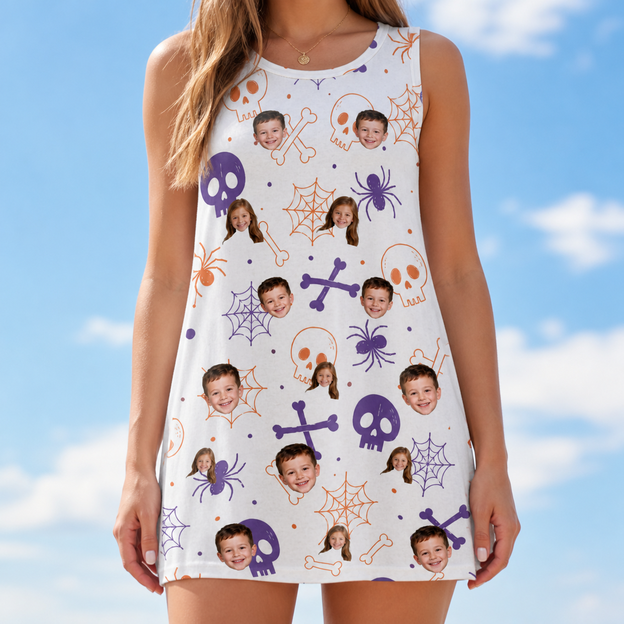 Model wearing Women's Skull Shuffle Custom Face Tank Dress printed with kids' faces