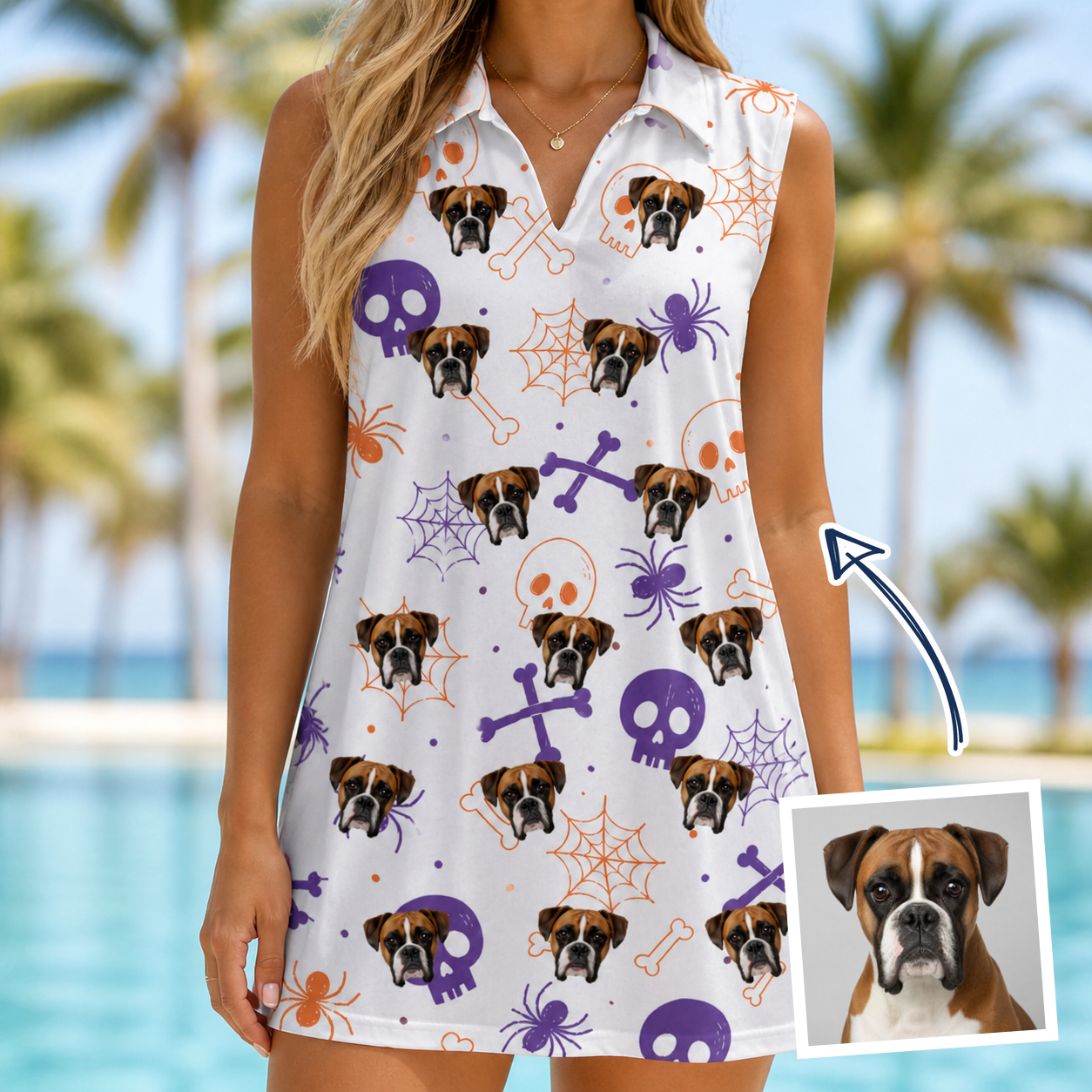 Woman wearing Women's Skull Shuffle Custom Dog Face V-Neck Dress — custom faces printed all-over