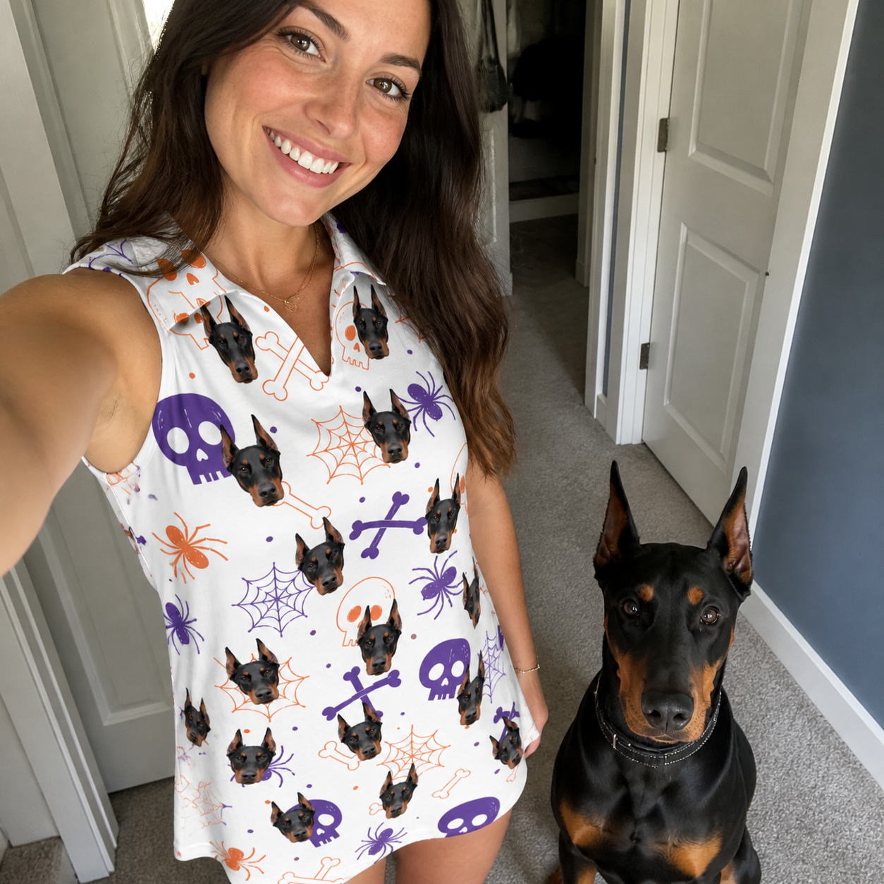 Selfie with the pet whose face is printed all over this Women's Skull Shuffle Custom Dog Face V-Neck Dress