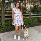 Full-length photo with the pet printed all over this Women's Skull Shuffle Custom Dog Face V-Neck Dress