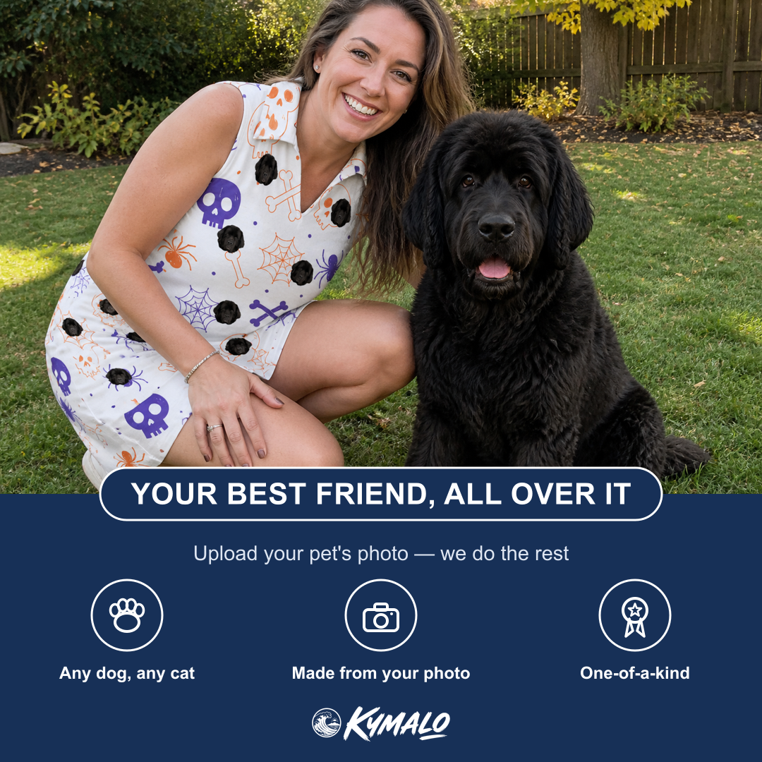 Friends in matching Women's Skull Shuffle Custom Dog Face V-Neck Dress — a group gift photo