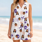 Model wearing Women's Skull Shuffle Custom Face V-Neck Dress printed with kids' faces