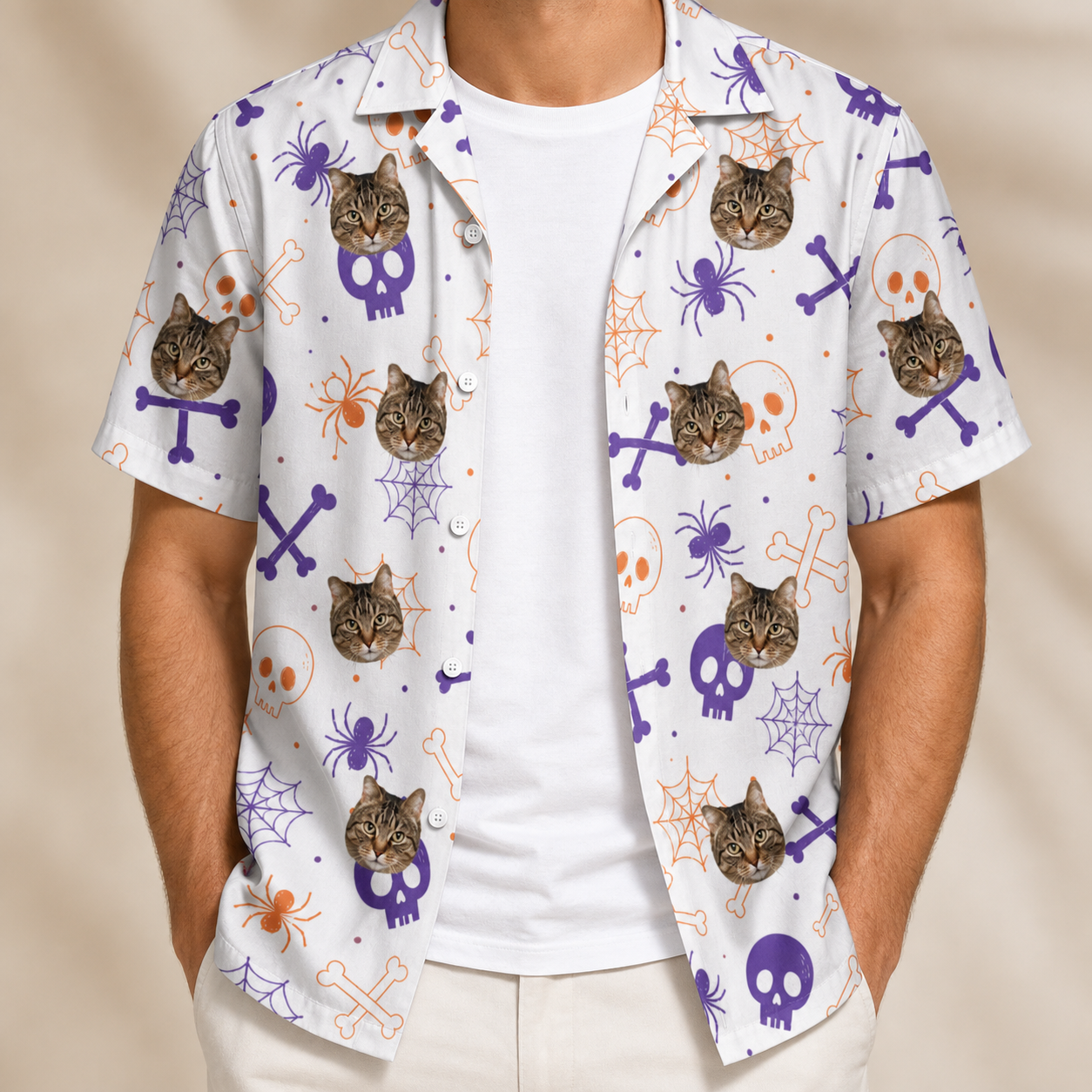 Man wearing Men's Skull Shuffle Custom Cat Face Hawaiian Shirt open over a white tee