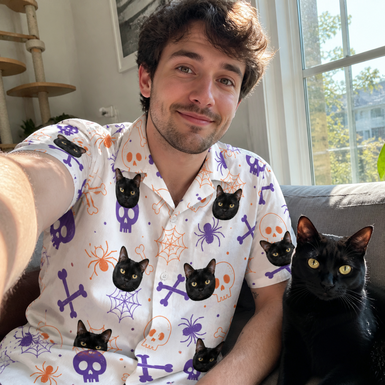 Selfie with the pet whose face is printed all over this Men's Skull Shuffle Custom Cat Face Hawaiian Shirt