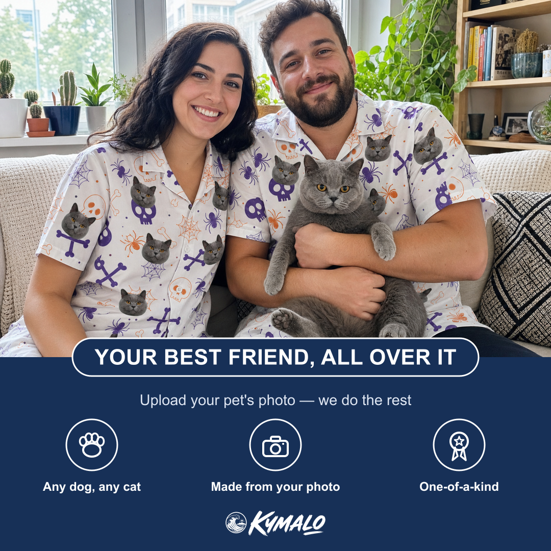 Friends in matching Men's Skull Shuffle Custom Cat Face Hawaiian Shirt — a group gift photo