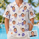 Man wearing Men's Skull Shuffle Custom Face Hawaiian Shirt — custom faces printed all-over