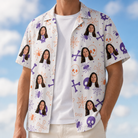 Man wearing Men's Skull Shuffle Custom Face Hawaiian Shirt open over a white tee