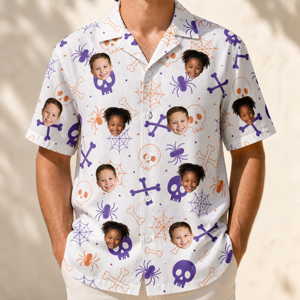 Model wearing Men's Skull Shuffle Custom Face Hawaiian Shirt printed with kids' faces