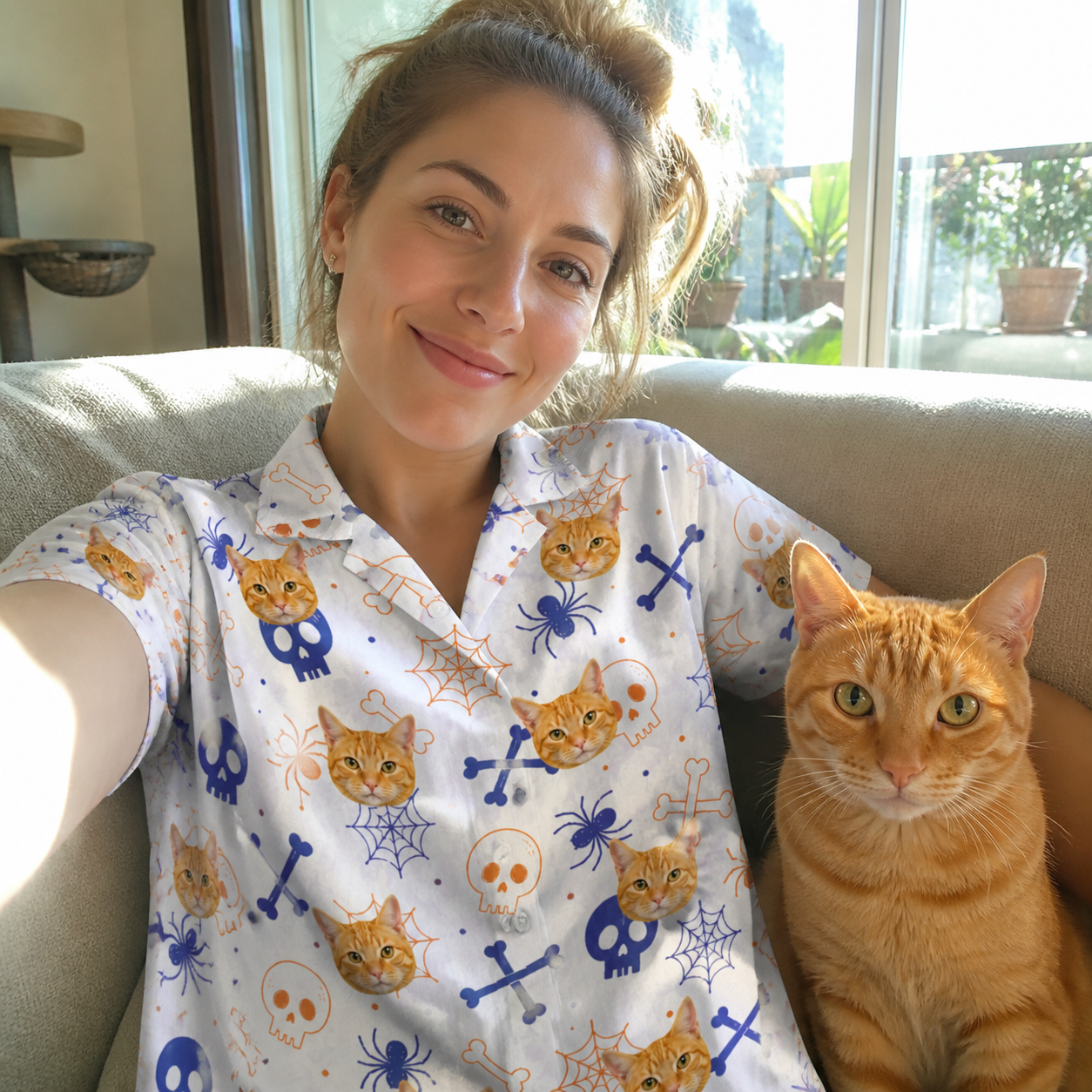 Selfie with the pet whose face is printed all over this Women's Skull Shuffle Custom Cat Face Hawaiian Shirt