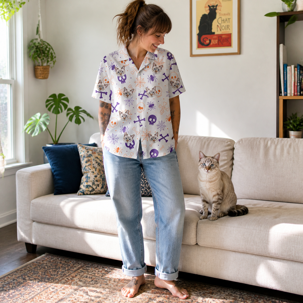 Full-length photo with the pet printed all over this Women's Skull Shuffle Custom Cat Face Hawaiian Shirt